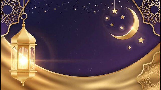 Golden lantern and crescent moon against a starry night sky with ornate patterns