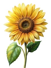 A beautiful sunflower with golden petals and vibrant green leaves illustration