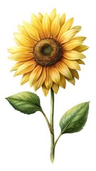 Beautiful Sunflower Watercolor Painting with Detailed Petals and Lush Green Leaves
