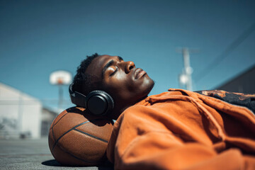 Young African American man wearing headphones is relaxing on a basketball while lying on the court, enjoying music under a clear blue sky, embodying leisure and urban lifestyle