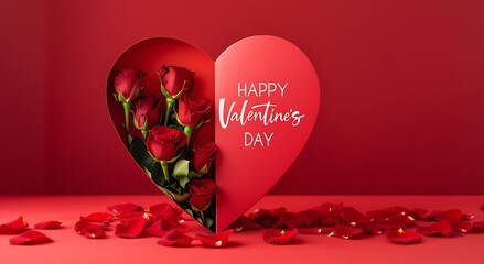 heart shaped box with roses and happy valentines day message on red background