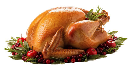 Roasted turkey with cranberries and herbs isolated on transparent background
