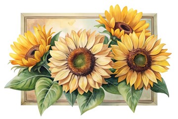 Watercolor Painting of Sunflowers in a Frame on a White Background
