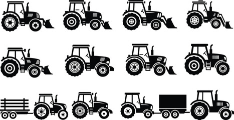  Collection of black tractor silhouettes, farm machinery icons, industrial vehicle graphics, agriculture equipment set for farming design, isolated on white background © Manharul