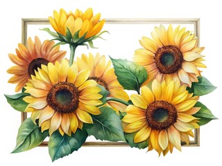 Watercolor painting of several vibrant yellow sunflowers framed against a white background