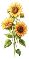 Watercolor painting of several bright sunflowers on a white background composition