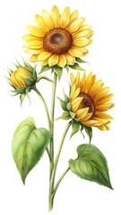 Watercolor painting of three beautiful sunflowers against a pristine white background