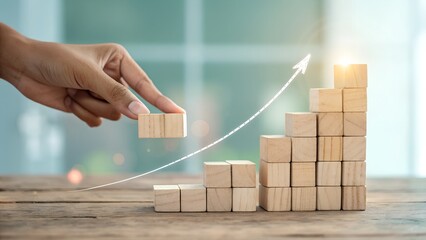 Finger touching virtual upward trend line emerging from wooden cubes, digital transformation finance concept, soft focus background
