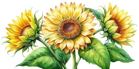 Three Vibrant Sunflowers with Green Leaves on a Clean White Background