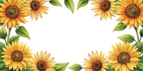 Beautiful watercolor sunflowers and green leaves border with white copy space
