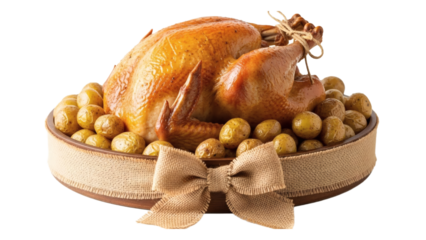 Roasted turkey with potatoes on a decorative plate isolated on transparent background