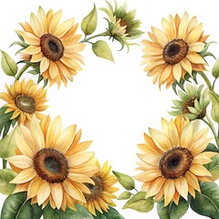 Watercolor painting of sunflowers arranged in a circular frame pattern on white