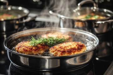 Golden-brown fish fillets sizzling in a stainless steel pan, garnished with fresh herbs, surrounded by pots on a modern stovetop, showcasing culinary expertise and delicious cooking