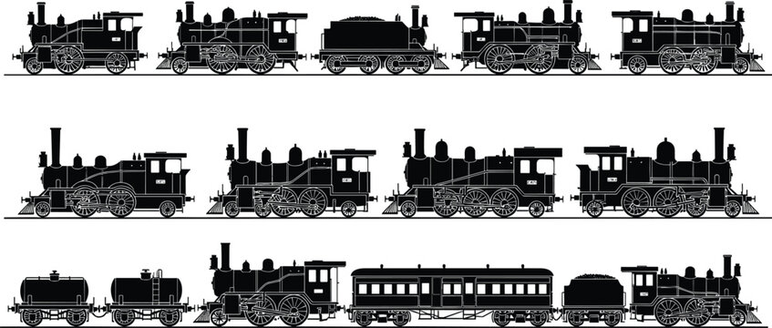  steam engine, vintage train, railway transport, antique locomotive, steam locomotive,  silhouette, vector illustration, transport set, retro railway, old locomotive, train collection