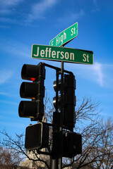 The intersection of E High St and Jefferson St. in Jefferson City, Missouri. Travel or transportation design element.