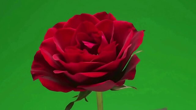 Close-up time-lapse of a red rose blooming against a green screen background. Detailed petals opening over time, ideal for chroma key compositing, nature visuals, or romantic concepts.