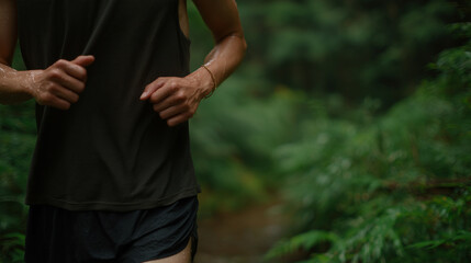 Nonbinary Japanese runner jogging along a forest trail. Calm pace, mindful outdoor running and wellness. Nonbinary person jogging in nature, healthy lifestyle. Enjoying outdoors while doing sports. Pa