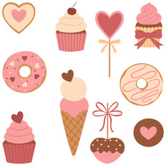 Valentine dessert clipart set. Cute flat vector dessert illustrations with hearts.