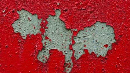 Peeling red paint on textured concrete surface