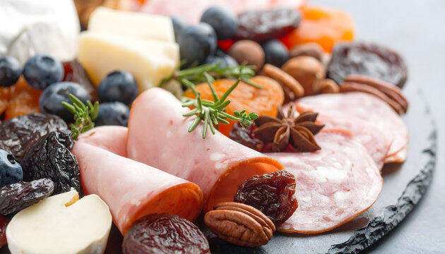 Close-up of a gourmet charcuterie board with cured meats, salami, ham, cheese, nuts, dried fruit, and fresh herbs served on a dark slate board. Elegant appetizer platter, fine dining, luxury food foto - Powered by Adobe