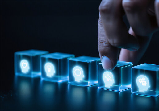 Hand touching glowing blue cube with human head and gears on dark surface technology concept - Powered by Adobe