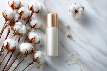 Elegant cosmetic bottle with golden cap placed on marble surface surrounded by cotton flowers, showcasing beauty product in a serene and natural setting