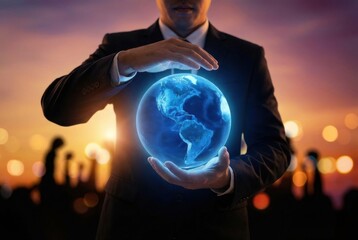A businessman in a suit holding a glowing blue globe in his hands with a cityscape and sunset in the background.