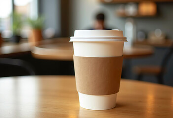 A paper coffee cup with a sleeve, empty, on a wooden table. Perfect for cafe or brand mockup.