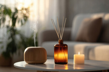 Aromatherapy diffuser with steam, amber glass bottle with reed sticks, and lit candle on a modern coffee table in a cozy living room setting with greenery