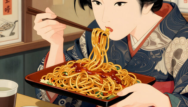 Manga-style Asian Japanese woman wearing a traditional kimono while eating noodles with chopsticks. Retro vintage illustration inspired by classic Japanese pop culture and anime aesthetics. Playful, 1