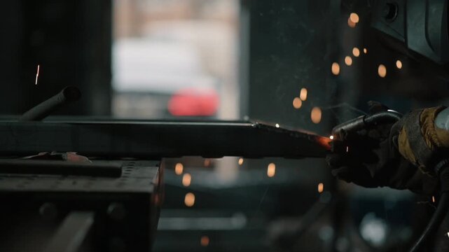 Welder in protective clothing welds metal parts in the workshop. Slow motion.