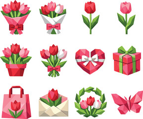 Low-Poly Tulip Icons. Bouquet of tulips and floral gift represented through a professional low-poly vector icon set using crisp
