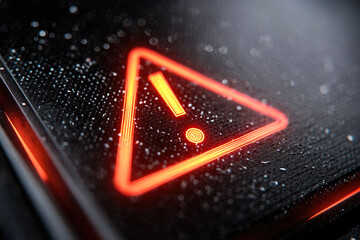 Red warning light symbol illuminated on a black surface with droplets of water, conveying a sense of urgency and caution in a modern technological environment