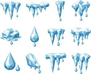Icy Low-Poly Icons. Melting icicles and winter drip illustrated as a cohesive low-poly vector icon set built from angular