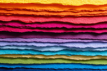 Colorful layers of textured paper in vibrant hues, showcasing a spectrum of shades from orange to blue, ideal for creative projects and artistic backgrounds with copy space