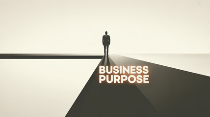 The Path to Purpose: A silhouette of a determined individual stands at the edge of a metaphorical chasm, the words BUSINESS PURPOSE illuminating the path ahead. The image embodies the journey.