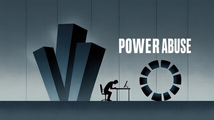 Power Abuse: Symbolic illustration featuring an individual hunched over a laptop juxtaposed with the stark words power abuse and abstract graphic elements.