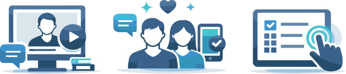 Digital Learning Icons. Digital teaching framework depicted through video instruction, student engagement, and interactive