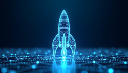 Futuristic Blue Wireframe Rocket with Digital Network Technology Background