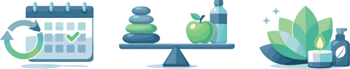 Habit Formation Symbols. Habit-building framework depicted through repetition, balance, and sustainable self-care behaviors, three