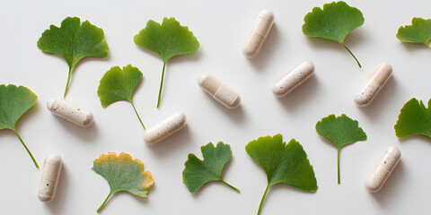 Herbal capsules with ginkgo leaves minimalist natural wellness