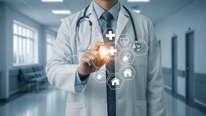 Doctor interacting with medical icons on futuristic interface in hospital hallway