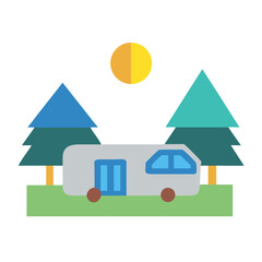Fototapeta premium Flat vector RV camping in forest at night with full moon
