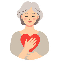 Elderly woman holding a heart shape while expressing love and care . Elderly set