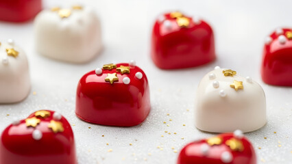 Heart shaped cakes with sprinkles and stars. Sweet dessert for Valentine day. Banner template of love and celebration treat. Romantic bakery concept.