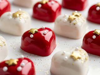 Heart shaped cakes with sprinkles and stars. Sweet dessert for Valentine day. Banner template of love and celebration treat. Romantic bakery concept.