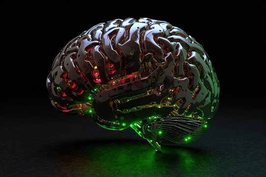 Cerebro biomec&aacute;nico 3D con cableado rojo y verde, concepto de IA y red neuronal