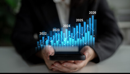 Business bar chart and line graph showing yearly business growth from 2022 to new year 2026, represent data analytics, future 2026 planning, business 2026 trend, and performance analysis 2026 Latch