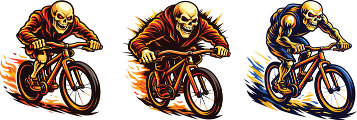 Aggressive Skeleton Cyclist Mascot Vector Set, Skull Rider on Bicycle, Extreme Cycling Sports Logo Illustration, Colorful Esports Style Character on Black Background