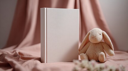Hardcover children's book with plush bunny on pink fabric background
